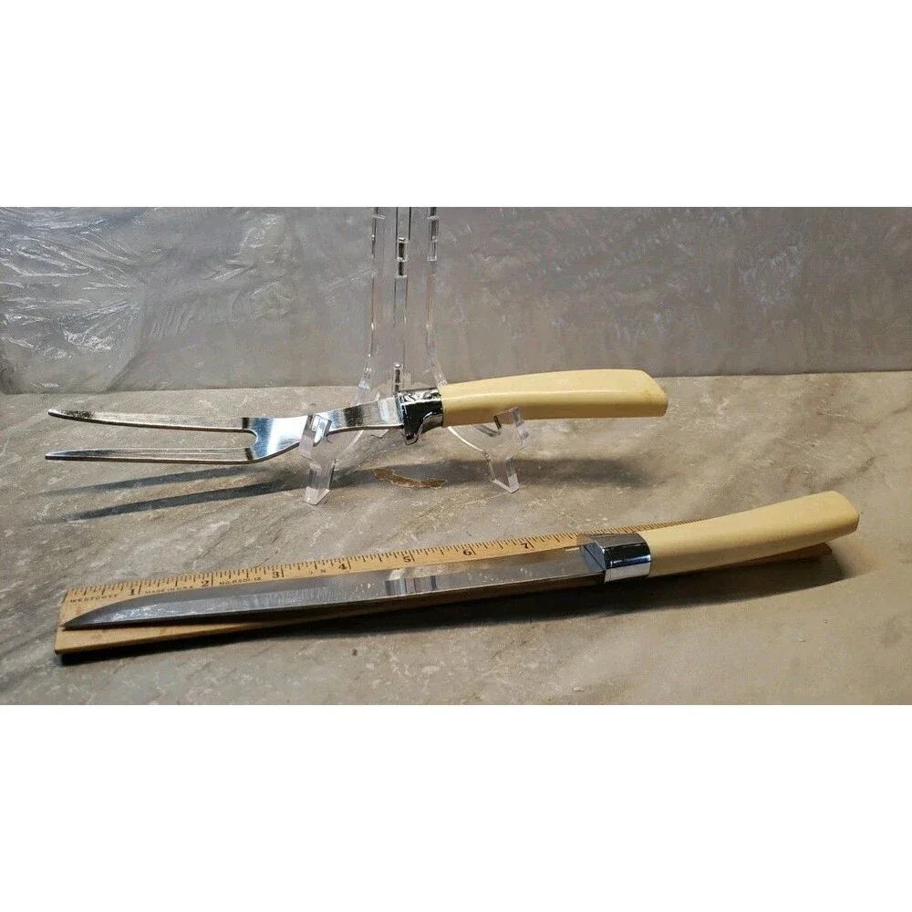 Vtg 2 pc Quikut CARVING SET Knife/Fork with Faux HANDLES